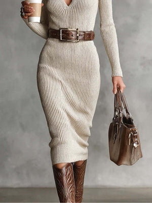 Ribbed Knit V-Neck Sweater Dress in black with stretch