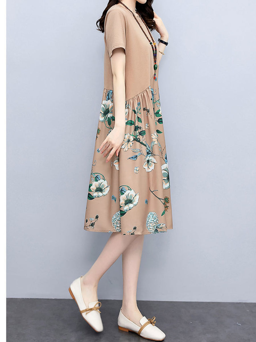 Blue A-line dress featuring seam detail and floral