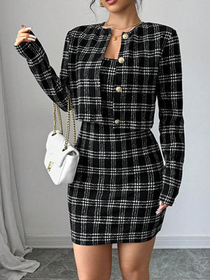 black two-piece set with plaid and square neck