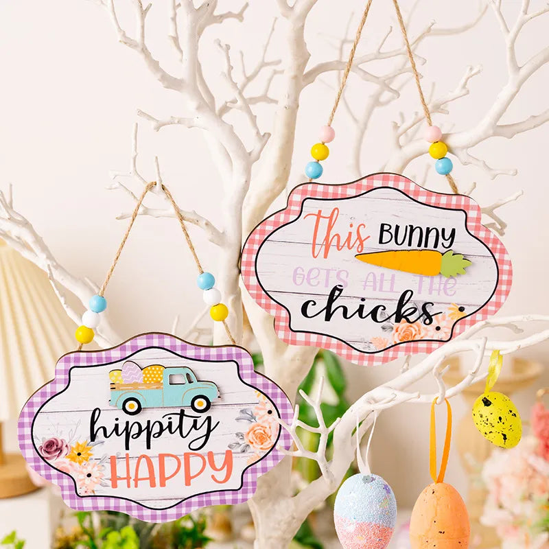 Easter signboard with beaded hanger, featuring a truck with eggs or a bunny with a carrot.