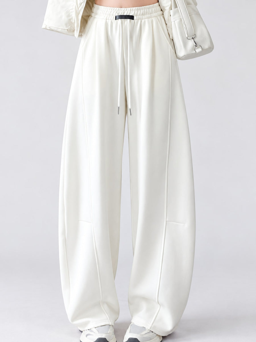 Full Size Drawstring Loose Fit Wide-Leg Sweatpants in White Gray-Spring And Fall-Tall