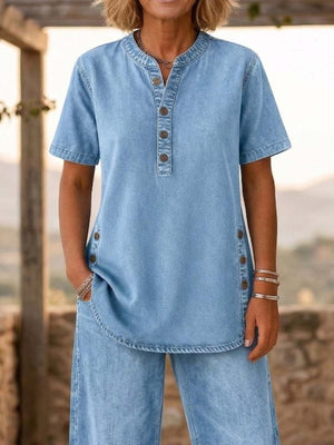 95% polyester, 5% elastane Care instructions: Machine wash cold pajama set in Sky Blue with relaxed silhouette