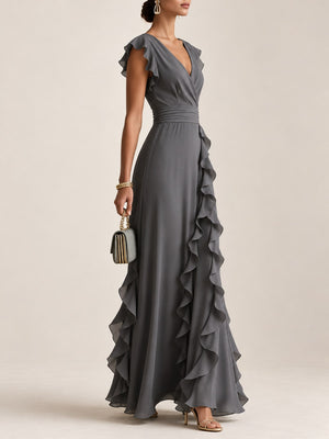 cream maxi dress with asymmetrical and cap sleeve