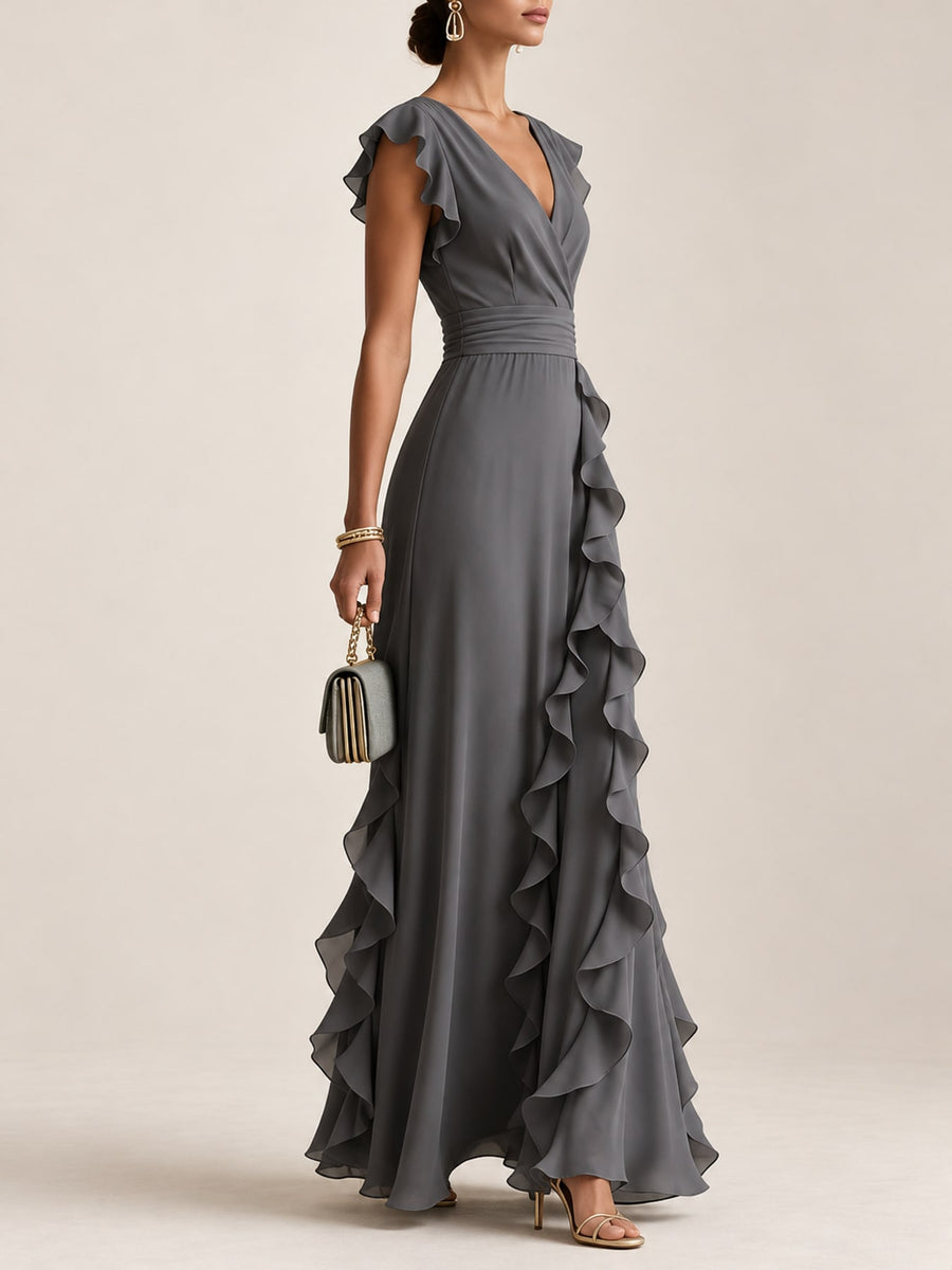 cream maxi dress with asymmetrical and cap sleeve