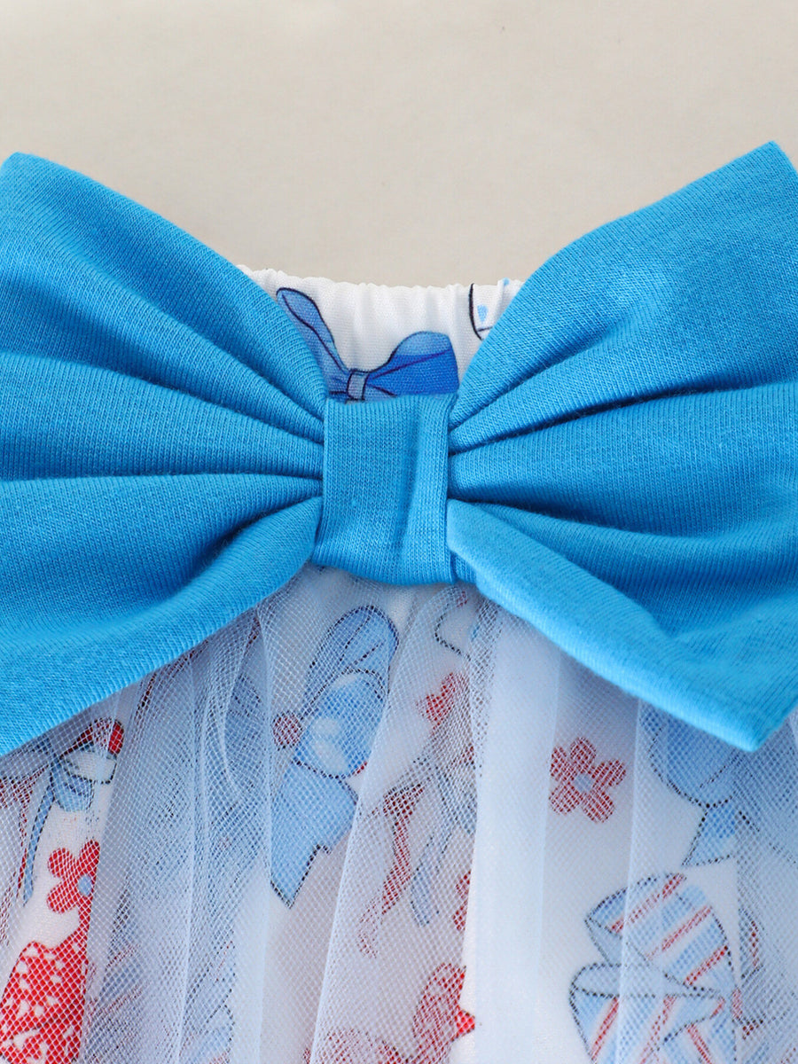 Baby outfit with blue bow and patriotic print tulle skirt