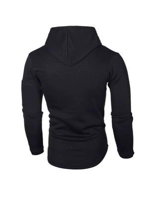 Black casual slim fit long-sleeve hoodie with drawstring and hood.
