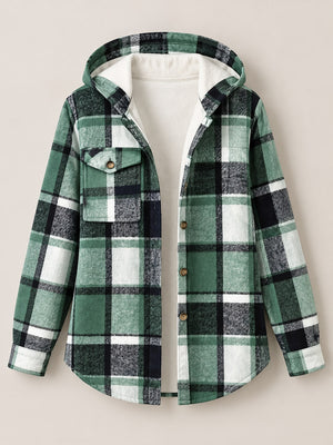 Green shacket with hip-length and button-front