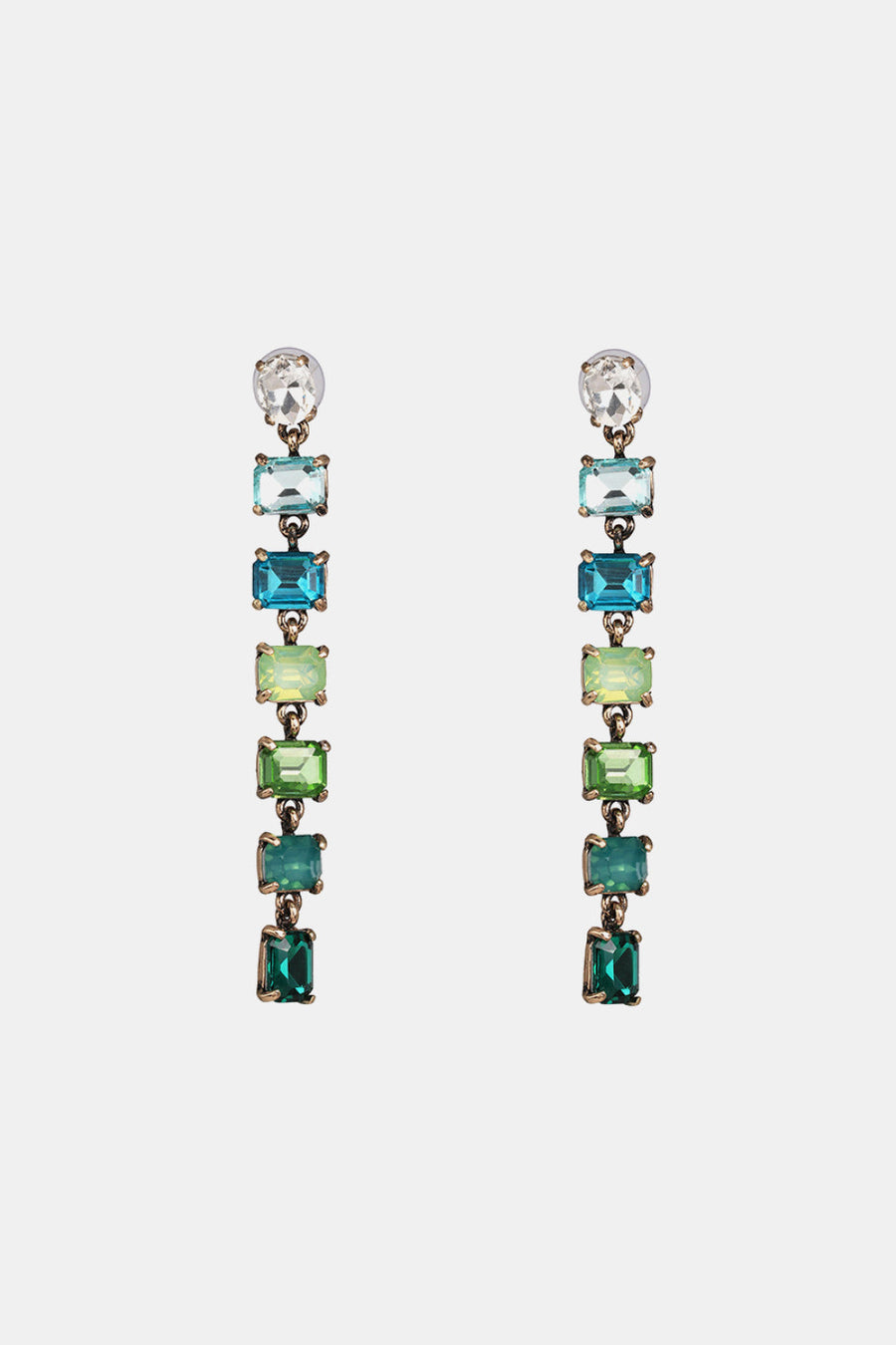 Ombre gemstone cascade earrings with rectangular green and blue stones and a clear top gem.