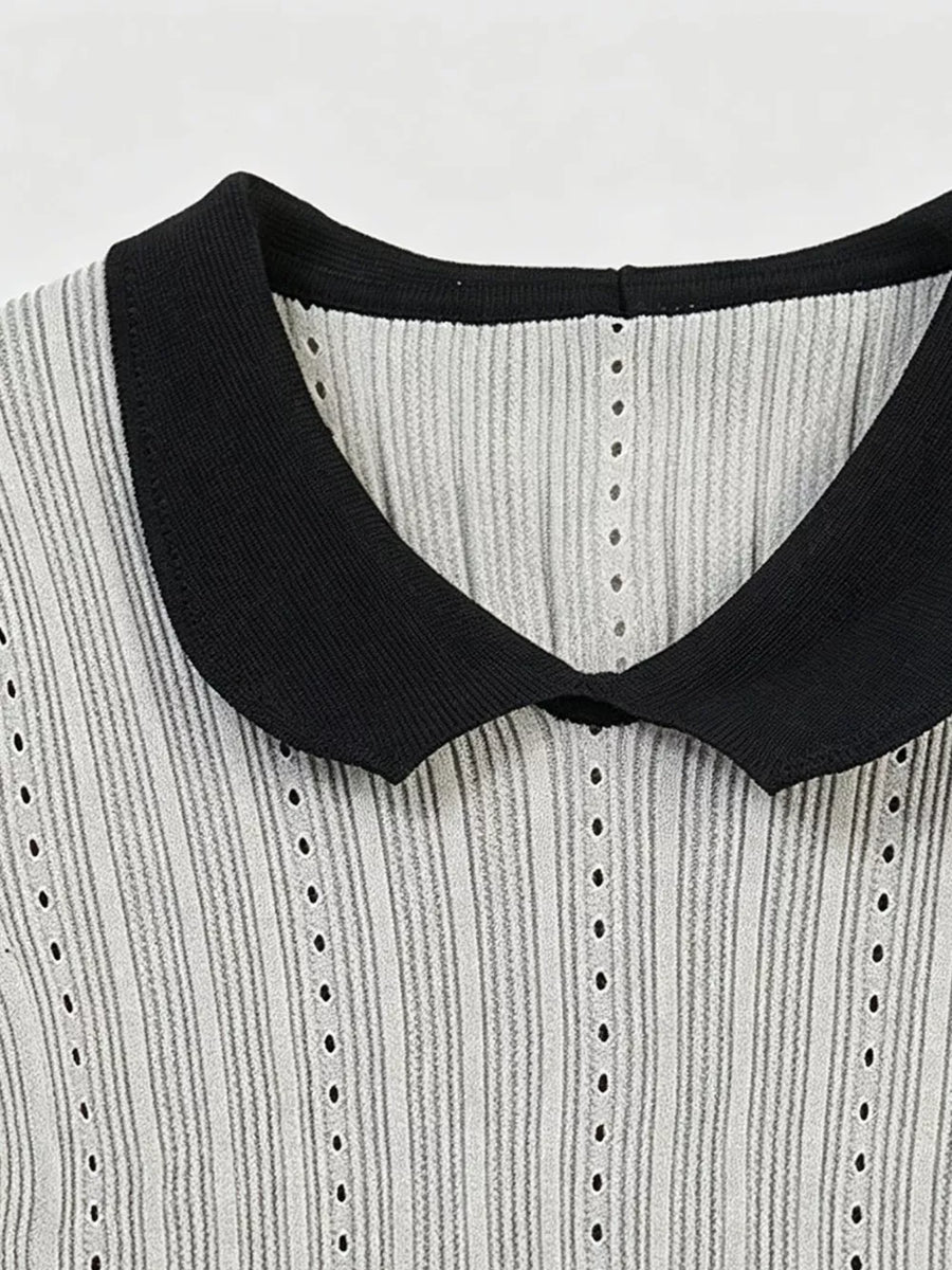 Gray maternity t-shirt with black Peter Pan collar and eyelet details