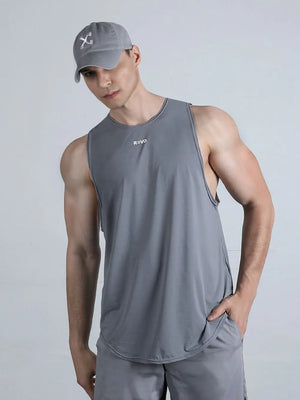 Gray performance cut tank top with crew neck and subtle logo detail.