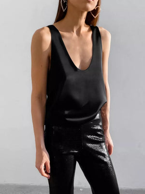 Satin Deep V-neck Tank in white with stretch
