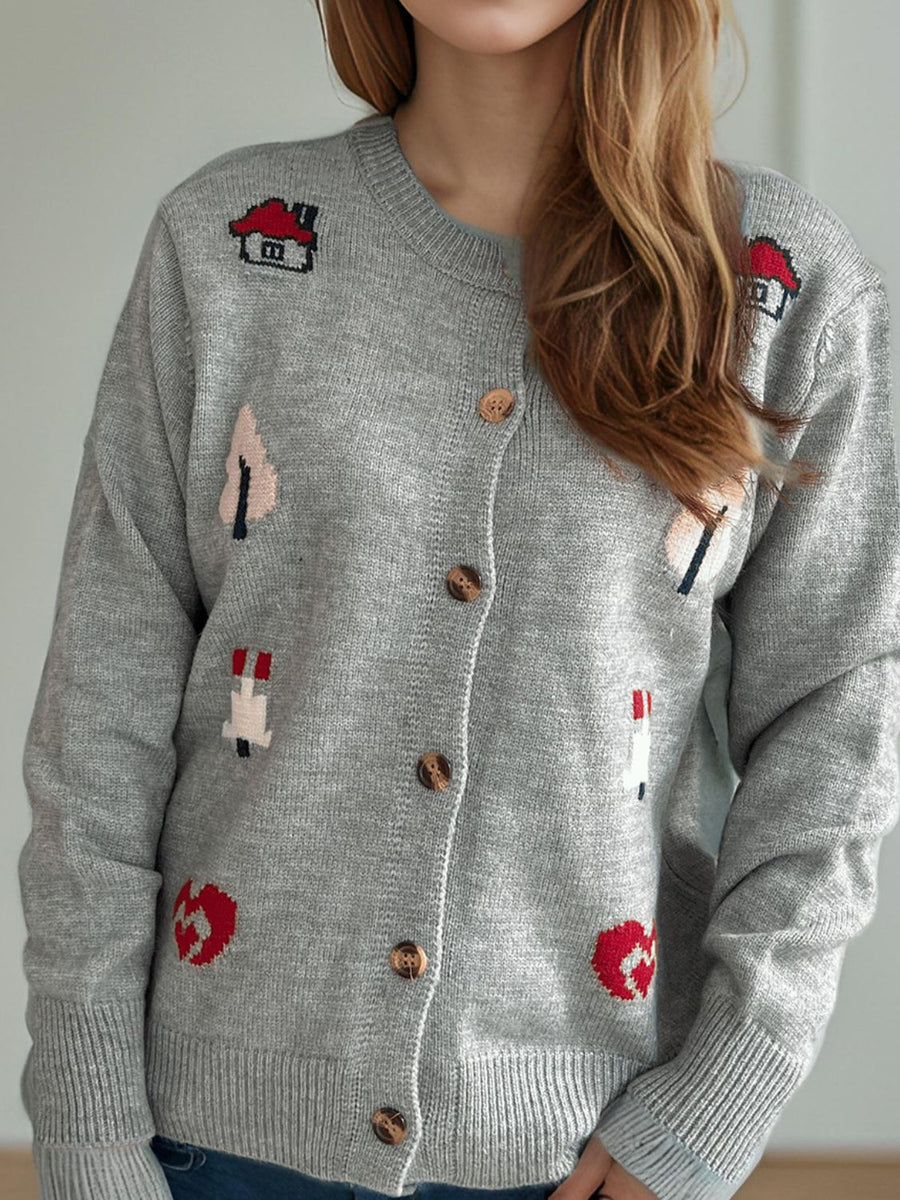 Gray acrylic button-up cardigan with embroidered storybook motifs, featuring houses and trees.