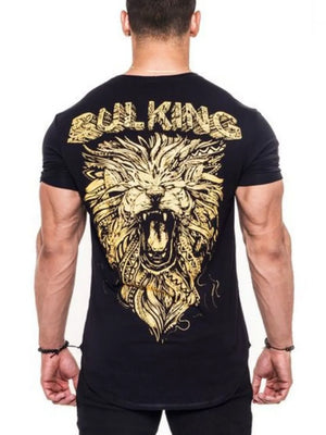Black t-shirt with gold roaring lion graphic and Bulking King text on back