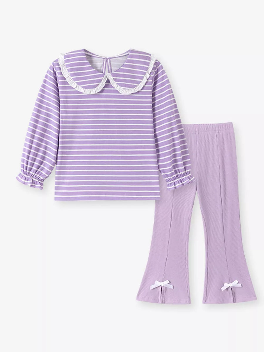 Lavender two-piece set featuring lace trim and striped