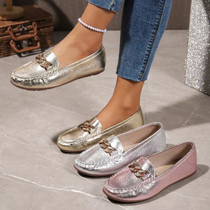 loafers in metallic gold featuring round toe and flat fit