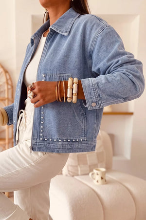 Studded Zipper Rivet Pockets Denim Jacket option 5