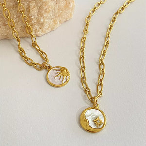 gold necklace with celestial and round neck