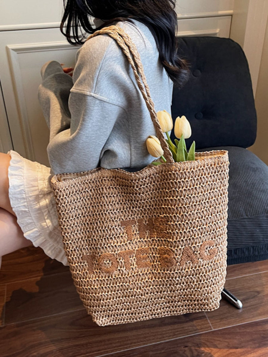 straw weaving Imported Size & tote in tan with boxy silhouette