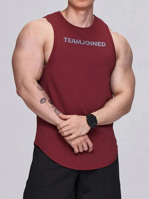 Burgundy performance tank top with TEAMJOINED logo, curved hem, and crew neck.