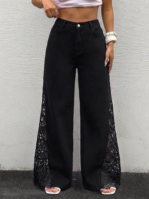 wide-leg jeans in Black with lace and full-length