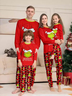 red pajama set with graphic print, plaid and crew neck