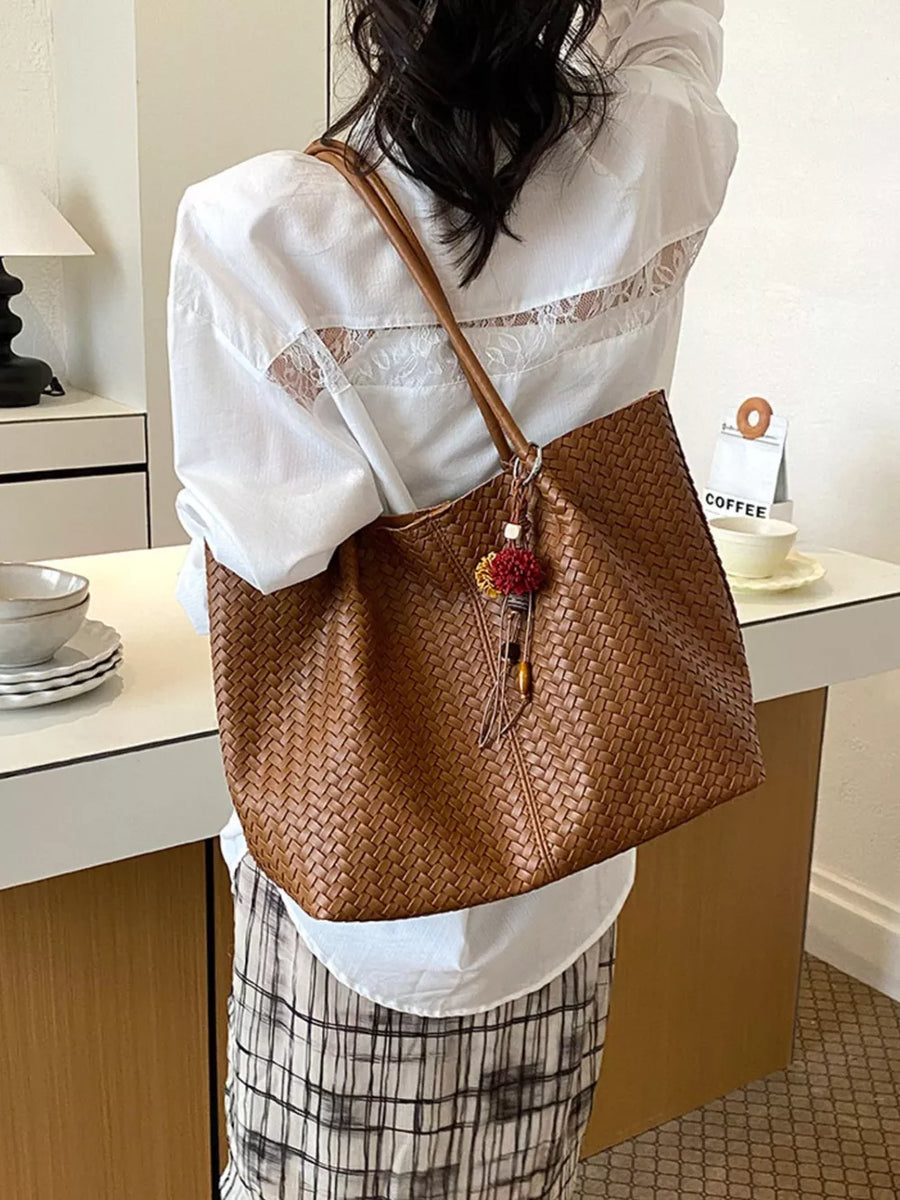 tote featuring woven in Green with PU Leather Imported Size & texture