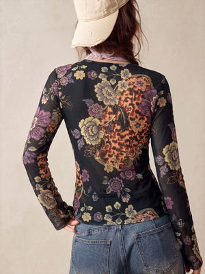 Printed Flare Sleeve Button Down Top in pink with mesh