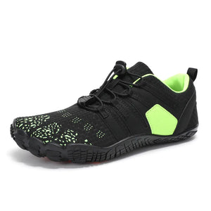 Black perforated mesh water-ready lace-up athletic shoes with lime green accents.