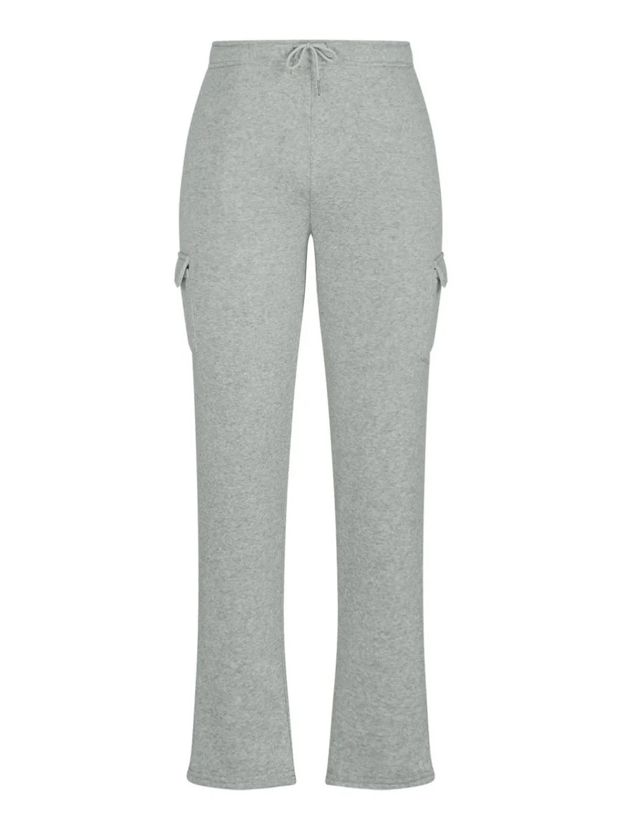 Gray fleece cargo joggers with drawstring waist and side pockets.
