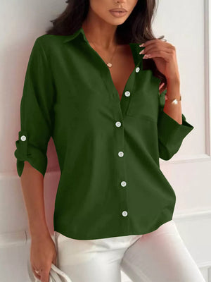 Fuchsia Pink button-down shirt with chest pocket and rolled sleeve