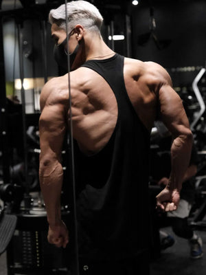 Black graphic muscle tank with racerback, showing back muscles.