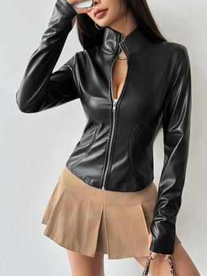 Black faux leather zip-up jacket with a high neck and form-fitting cut.
