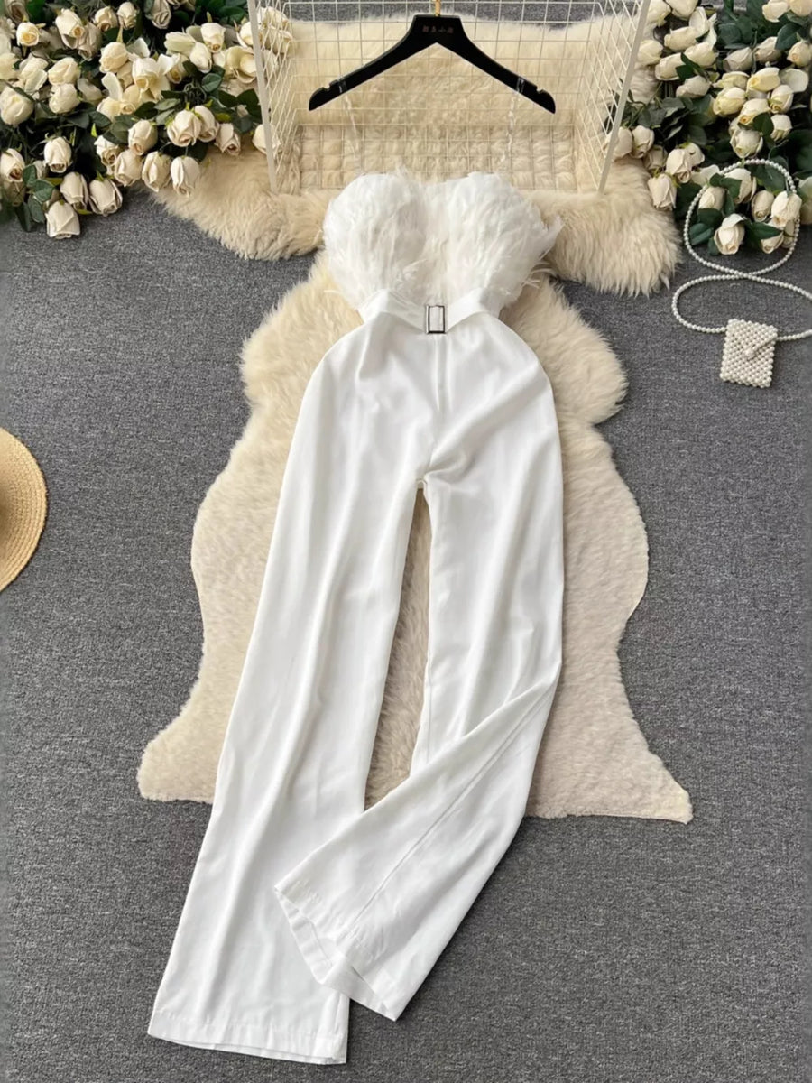 White feather trim strapless wide-leg jumpsuit with belt detail