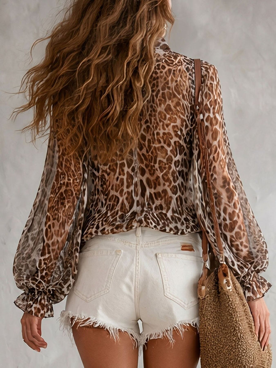 brown blouse featuring tied and leopard