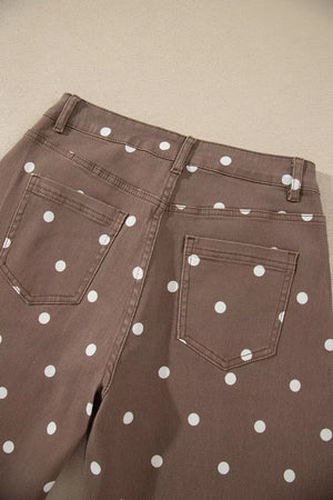 white jeans with zip-front and polka dot