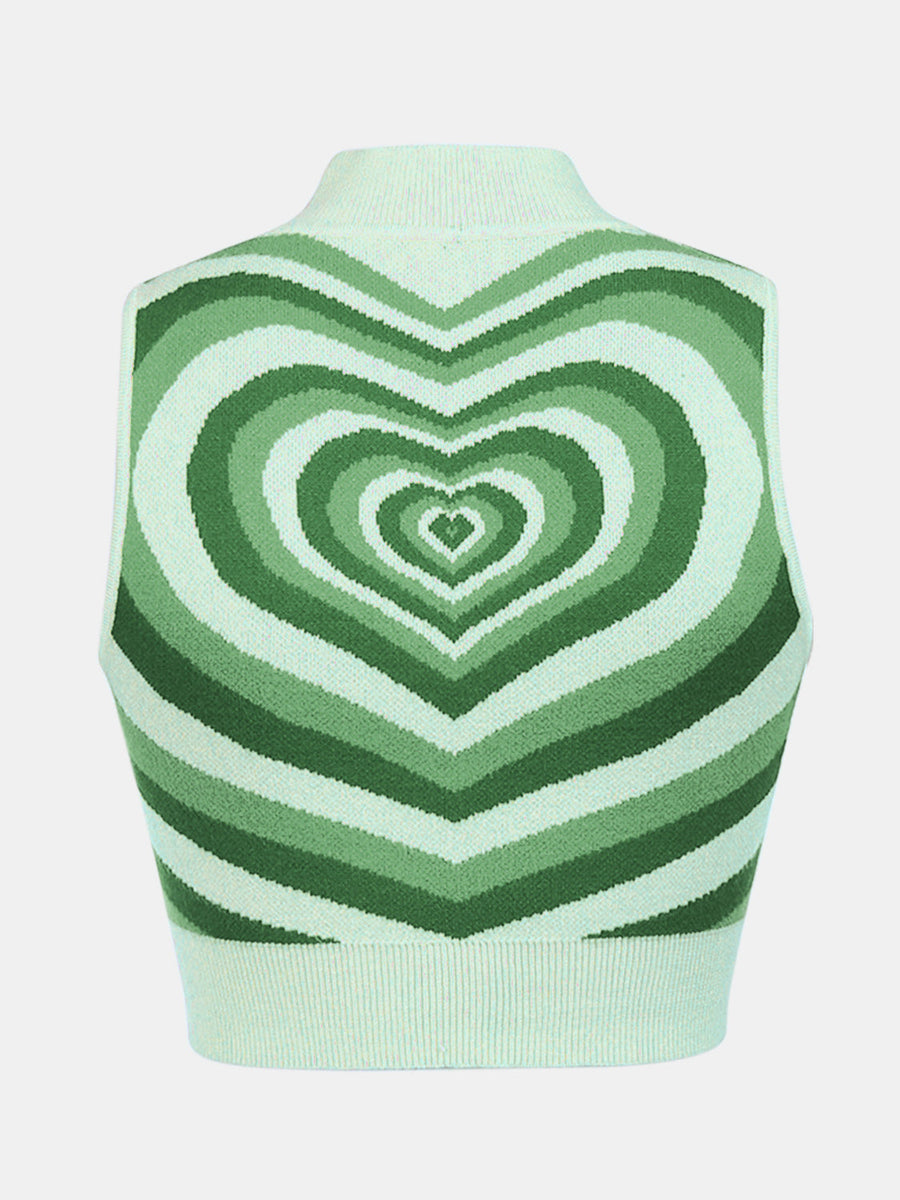 Light green knit tank top with concentric heart intarsia pattern