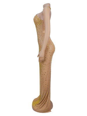 glam formal gown in Gold with mock neck