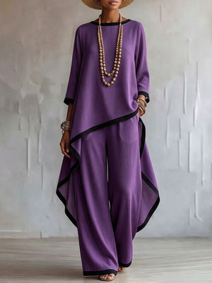 two-piece set in Light Green with contrast trim and tunic-length top, full-length pants