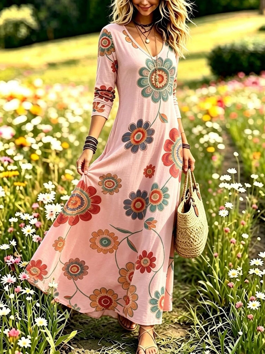 Floral Print V-Neck Long Sleeve Maxi Dress in Beige with stretch