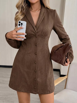 94% polyester, 6% elastane Care instructions: Machine wash cold shirt dress in chocolate brown with A-line silhouette