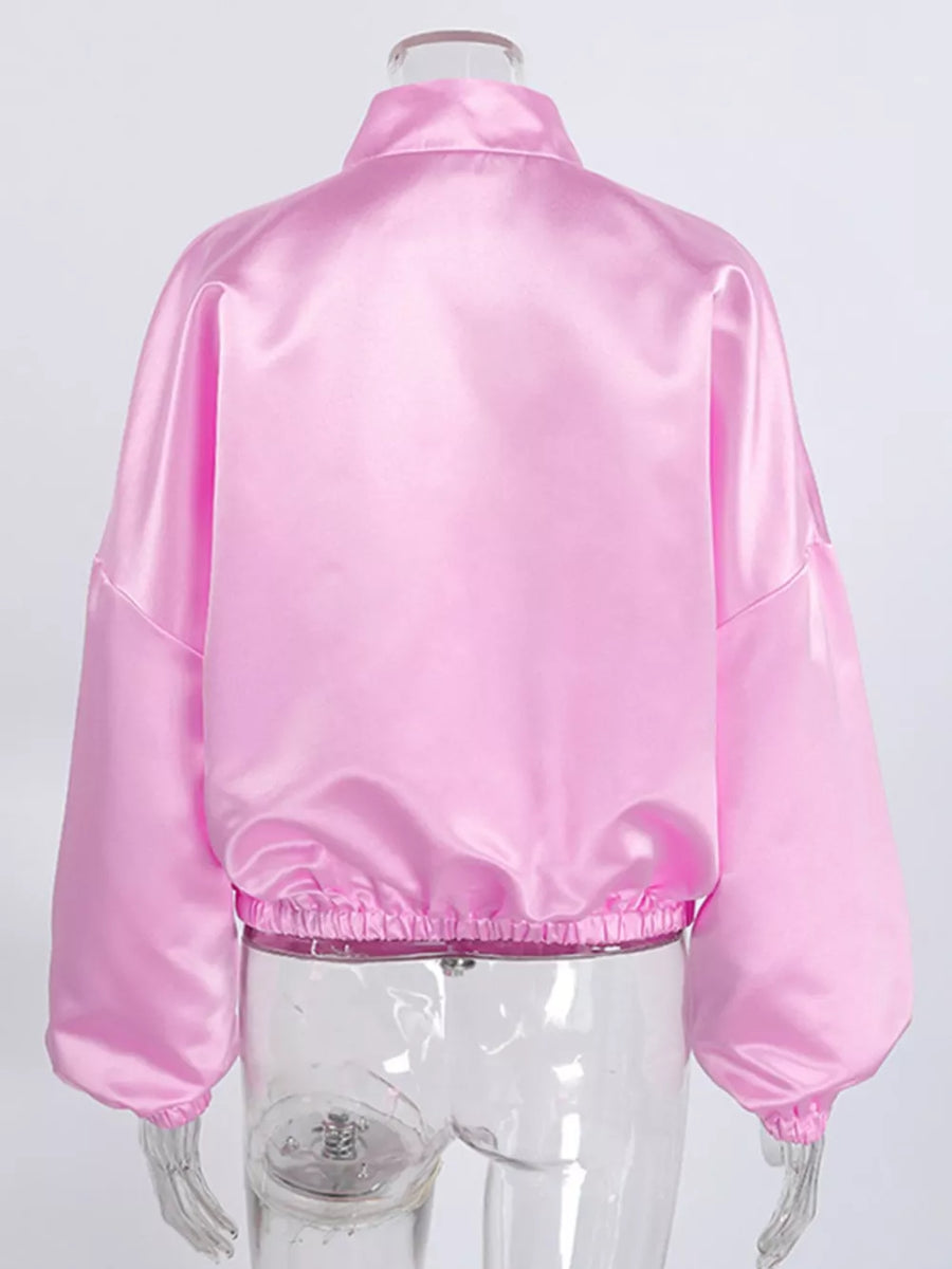 Pink oversized button-up shirt with mandarin collar