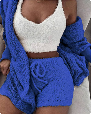 3-Piece Fuzzy Plush Cardigan Shorts Lounge Set in Black with drawstring