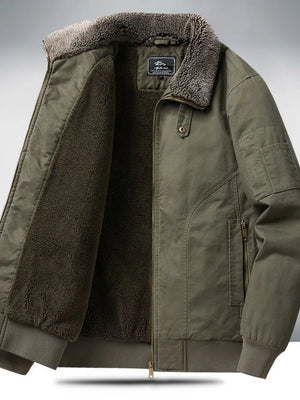 Men's military green bomber jacket with plush sherpa lining and collar detail.