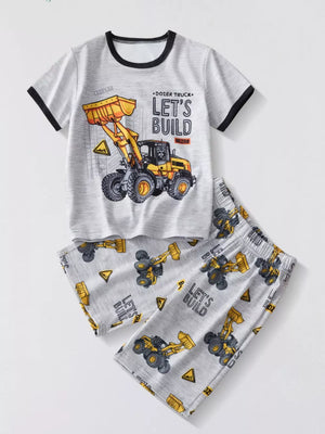 Toddler grey cotton blend tee and shorts set with construction vehicle print and "Let's Build" text.
