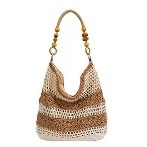 light brown handbag with open-front and striped