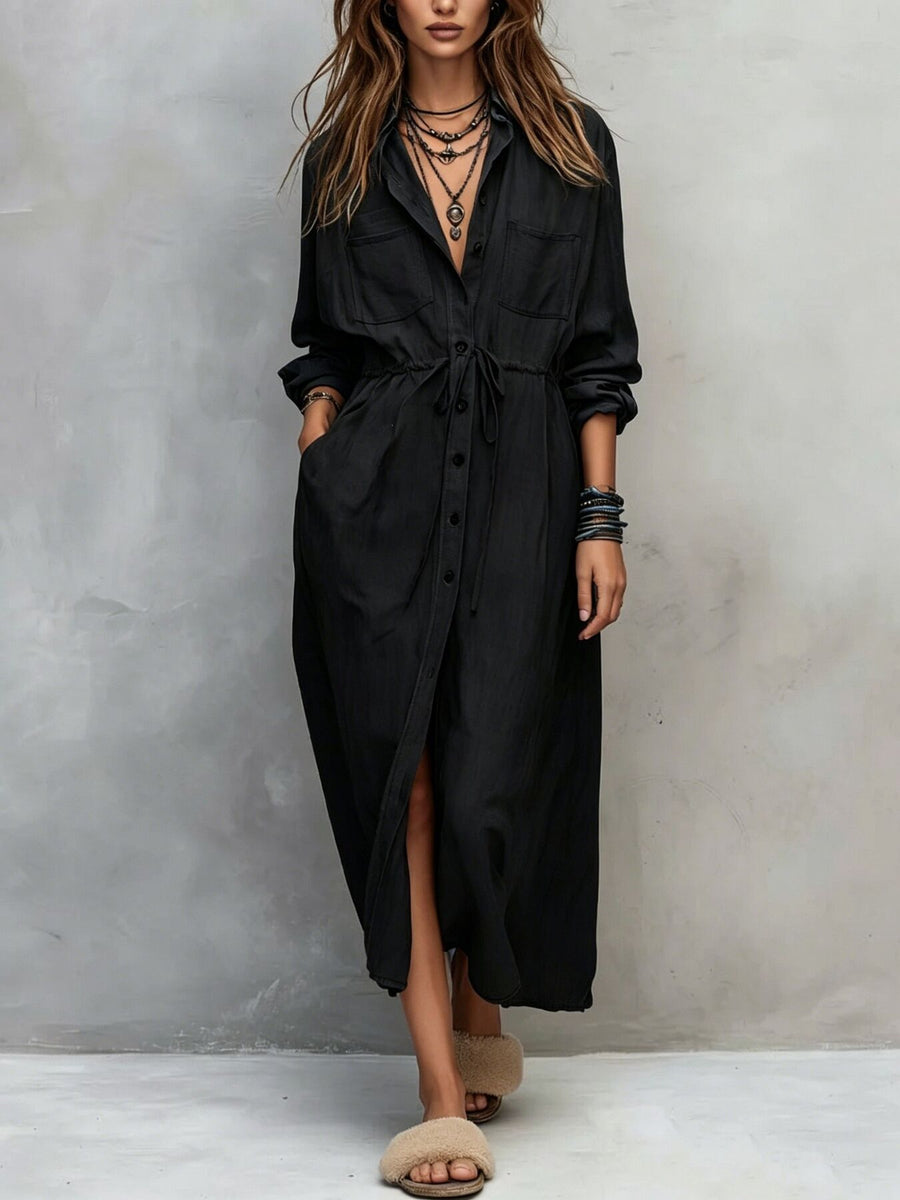 Full Size Button Front Long Sleeve Shirt Dress in Beige with chest pockets