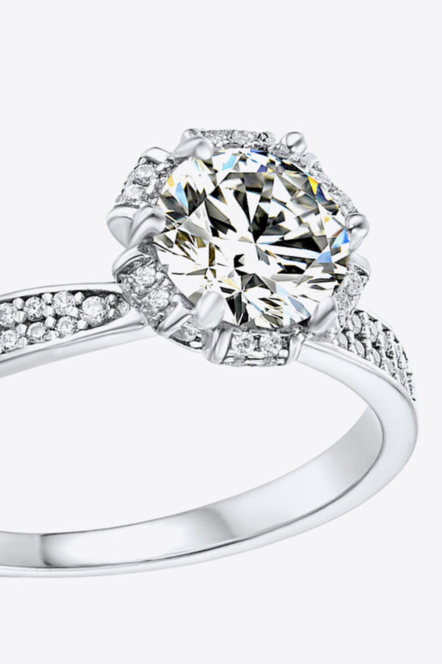 Silver moissanite halo ring with pave band
