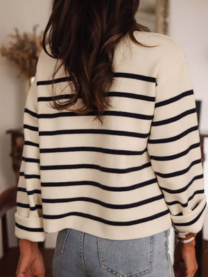 Navy and cream striped button-front cardigan with cuffed sleeves.