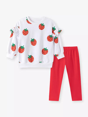 red sweatshirt and leggings set featuring frill and strawberry print