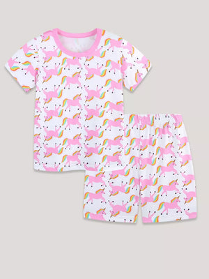 Girls' unicorn print tee and shorts set with pink trim.